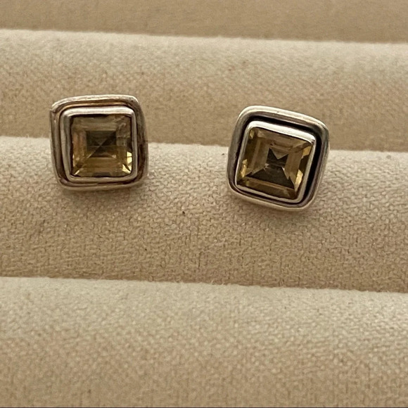 Vintage 925 Sterling Silver Citrine Gemstone Square Stud Earrings - Picture 4 of 15